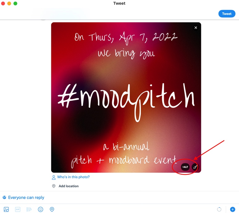 This is what alt text is for. It tells you exactly what's in the photo in detail: Red background announcing that on Thursday, April 7, 2022, we bring you #moodpitch, a bi-annual pitch + moodboard event.