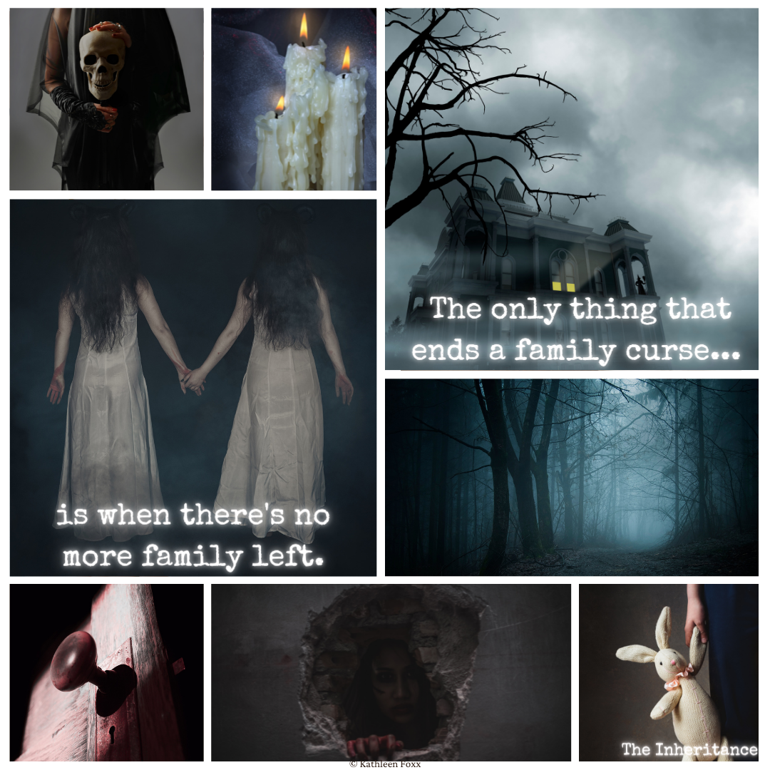 A collage of 8 square/rectangular images: top left: a person in a black dress and black veil holding a human skull; top middle: melted, lit white candles; top right: an old mansion in the grey fog with lights shining out of one window and the silhouette of someone standing on a balcony, with dead tree branches to the left; middle left: a pair of young women with long dark hair dressed in long white nightgowns holding hands and facing away from the camera; middle right: dark, foggy forest; bottom left: a doorknob on an old door; bottom middle: a scary image of a hole in the wall with a face lurking in the dark hole and fingers hanging out of the hole; bottom right: a child's hand holding a beige stuffed bunny. Overlayed on the collage is the logline: The only thing that ends a family curse... is when there's no more family left.